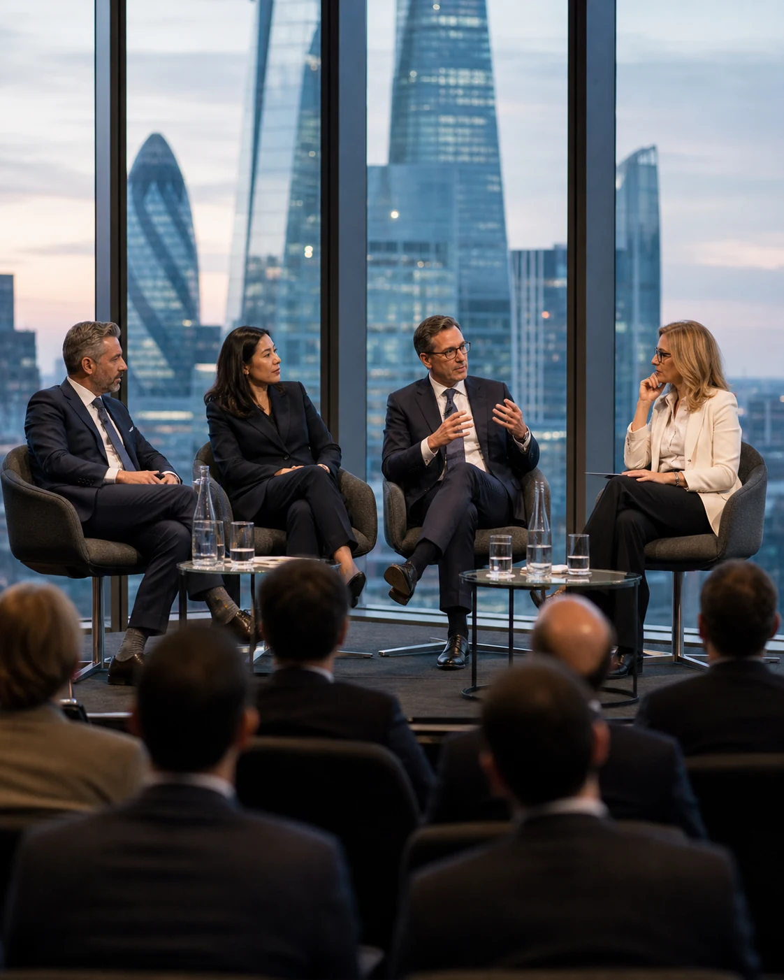 International financial professionals exchanging perspectives during a conference panel in London
